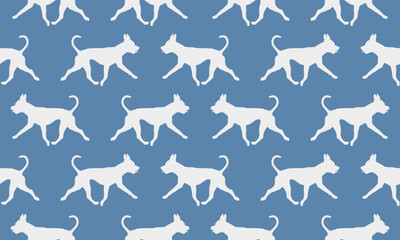 Running american pit bull terrier isolated on a blue background. Seamless pattern. Endless texture. Pet animals. Design for wallpaper, template, print. Vector illustration. - obrazy, fototapety, plakaty
