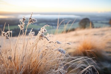 glittering frost on a hilltops dried grass tufts