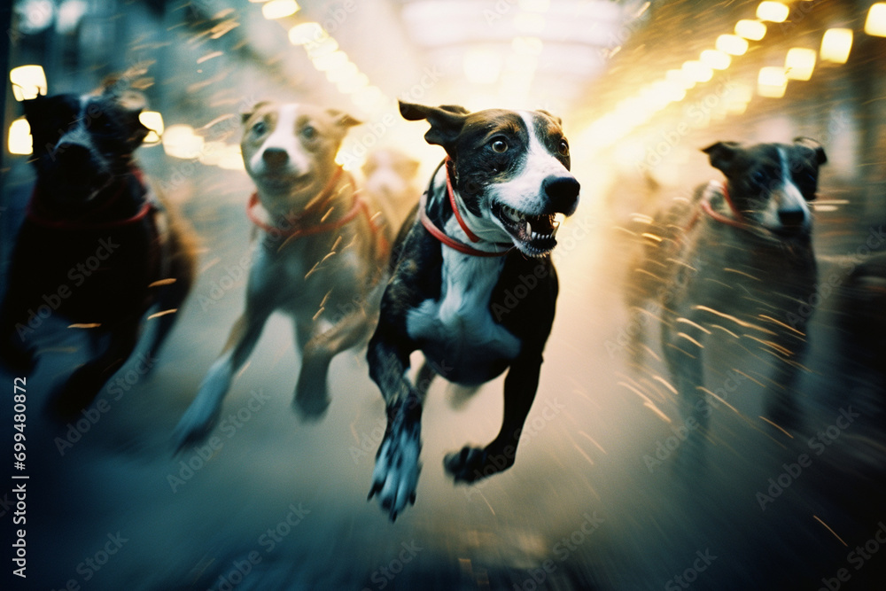Poster racing dogs in a ballet of speed, forming abstract shapes that capture the agility and precision in 