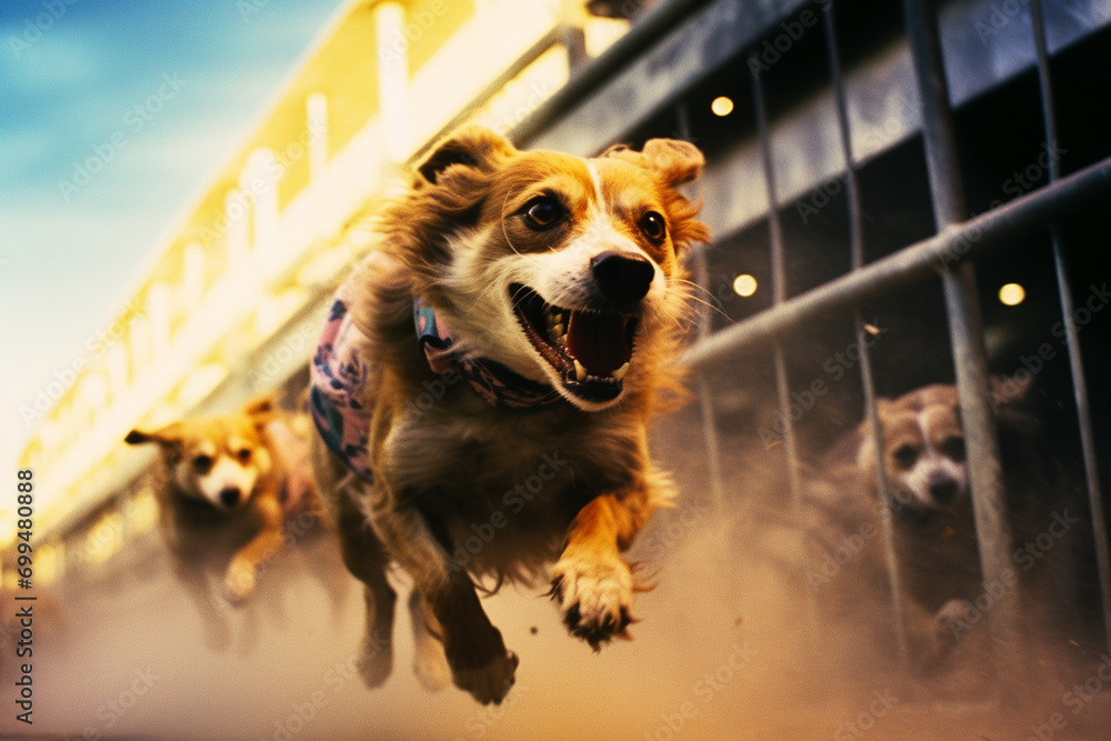 Poster dogs in full sprint, generating abstract energy lines that convey the vibrant and lively atmosphere 