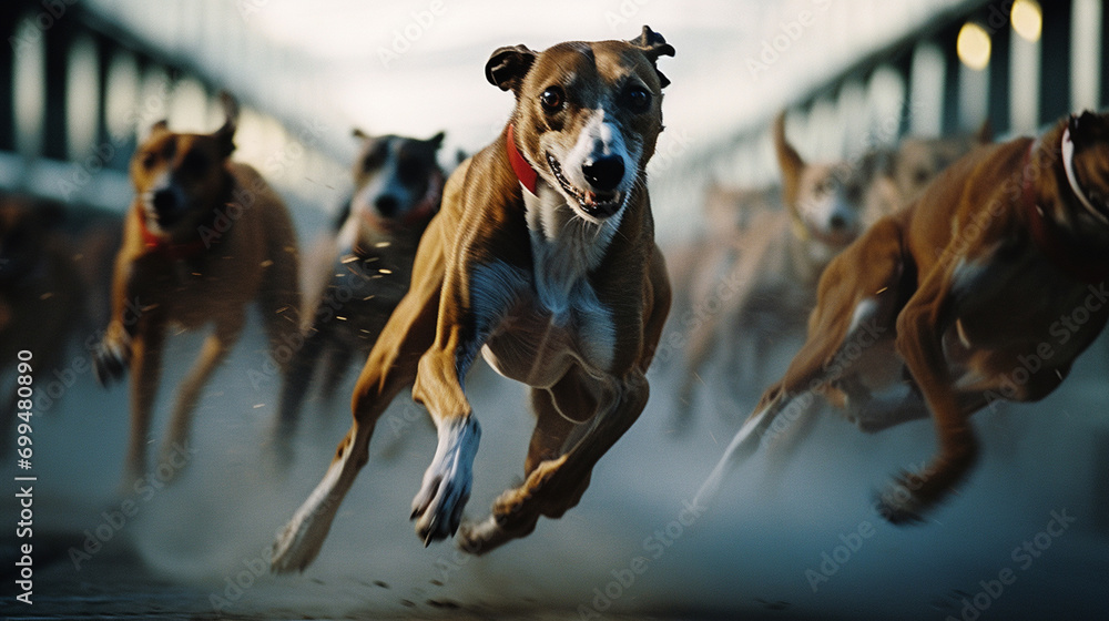 Poster Greyhounds in mid-gallop, creating abstract lines that highlight the dynamic and powerful strides of these racing dogs.