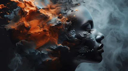 Poster Close-up of a person with a face engulfed in fire, melting into the universe, portraying a surreal and cosmic transformation © Duka Mer