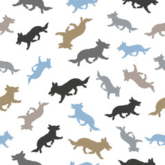 Seamless pattern. Pembroke welsh corgi different sizes and colors isolated on a white background. Endless texture. Pet animals. Design for wallpaper, template, print. Vector illustration.