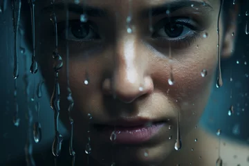 Foto op Canvas Close-up of a woman's face in the rain, tears dripping from the eyes, capturing a moment of emotional vulnerability © Duka Mer