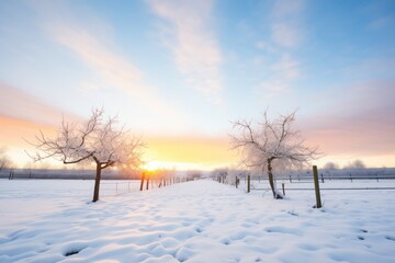 winter sunrise over a snowy orchard