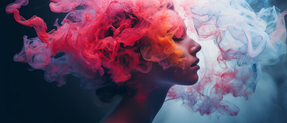 Woman with red and blue smoke in her hair, surrounded by fluid colored smoke, creating surreal colors in this captivating image
