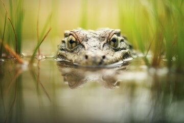 alligator lurking in murky pond, eyes alert