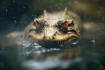 alligator with menacing eyes in murky pond - obrazy, fototapety, plakaty