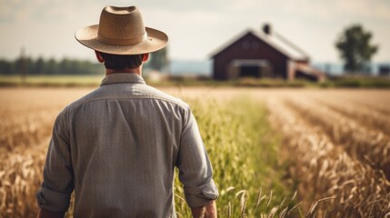A adult white american farmer man standing on a wheat grass field. wearing a hat. photo taken from behind his back. agricultural land owner. blurry field and a mansion background