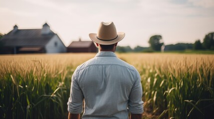 A adult white american farmer man standing on a wheat grass field. wearing a hat. photo taken from behind his back. agricultural land owner. blurry field and a mansion background