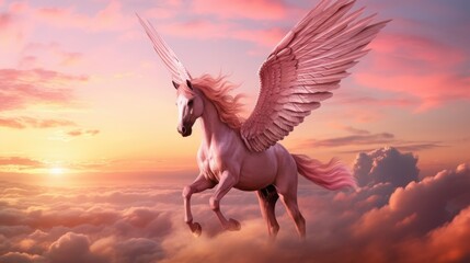 Obraz na płótnie Canvas A beautiful flying horse with wings pink pegasus. winged divine stallion mythical creature from greek mythology. high in the beautiful sky at sunset in the clouds