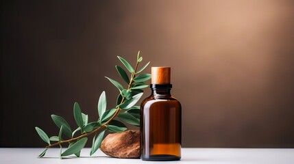 Eucalyptus essential oil in brown glass bottle on blurred background with green leaves and dropper - obrazy, fototapety, plakaty