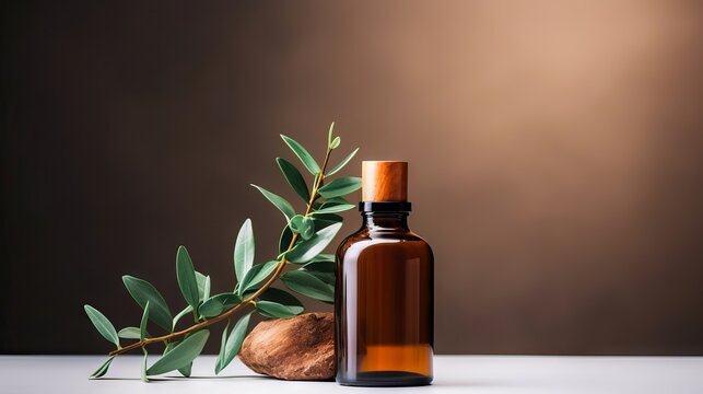 Eucalyptus essential oil in brown glass bottle on blurred background with green leaves and dropper