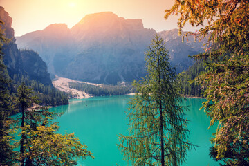 Beautiful lakeshore on a sunny day. Lake Braies in the Dolomites, Italy