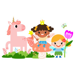 Obraz na płótnie Canvas Fairy and Unicorn illustration with rainbow, stars, hearts, clouds, in cartoon style clipart