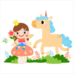 Obraz premium Fairy and Unicorn illustration with rainbow, stars, hearts, clouds, in cartoon style clipart