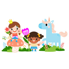 Obraz na płótnie Canvas Fairy and Unicorn illustration with rainbow, stars, hearts, clouds, in cartoon style clipart