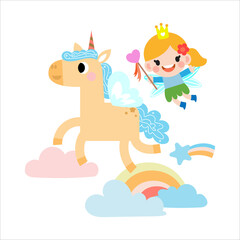 Fairy and Unicorn illustration with rainbow, stars, hearts, clouds, in cartoon style clipart