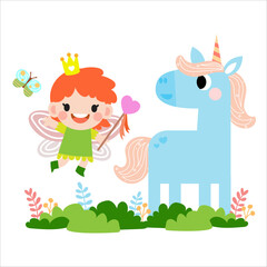 Fairy and Unicorn illustration with rainbow, stars, hearts, clouds, in cartoon style clipart