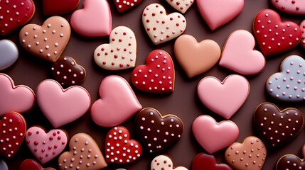 Top angle view of pink, red and chocolate cookies with heart shape pattern. Group of heart shape cookies. For greeting, romantic wallpaper concept. Generative AI - obrazy, fototapety, plakaty