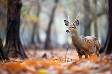 autumnal forest scenery with a bushbuck in the background