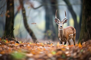 autumnal forest scenery with a bushbuck in the background