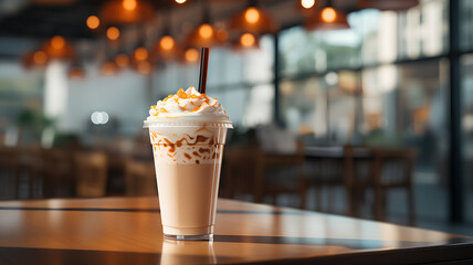 Plastic transparent coffee cup on wooden table in the bar. Coffee cup with straw on the table in the bar.