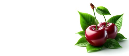 Red cherries with green leaves in white background ai generative