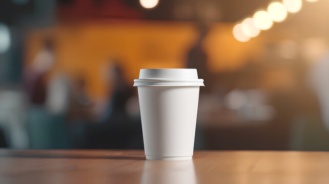  Close-up of the disposable cup of Coffee on the table. Hot Coffee Cup in Coffee Shop.