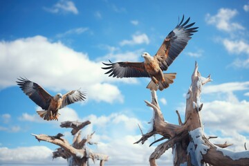 Obraz premium buzzards and a solitary eagle sharing sky