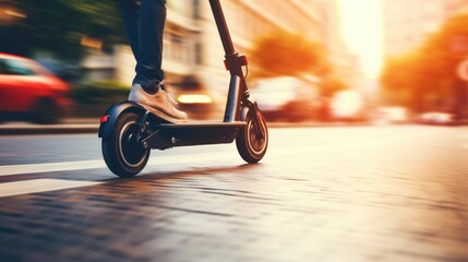 A closeup photo of a person driving eco friendly e - scooter in the middle of a urban city street