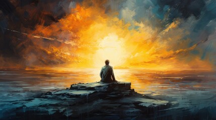 person seated at water’s edge with vast, glowing sky. ideal for peaceful meditation and inspirational thought concept - obrazy, fototapety, plakaty