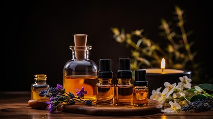 Essential oil bottles and beauty care still life: Aromatherapy and wellness concept with natural...