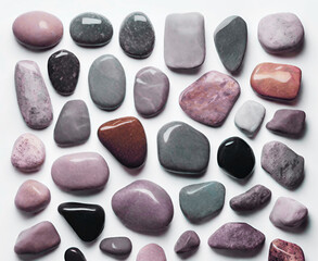 Polished stones in shades of pink and  gray on a white background