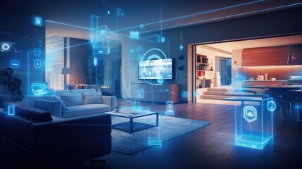 A concept art of a digital holographic artificial intelligence smart technology in a house and a flat. modern living room with blue and white virtual reality interface and icons