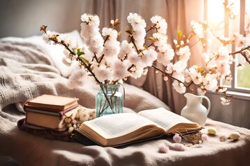still life with flowers and book