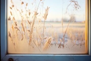 frost on train window with winter backdrop