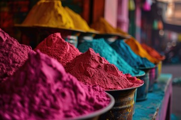 Colorful stacks of rangoli powder, during religious festivals such as Holi. - obrazy, fototapety, plakaty