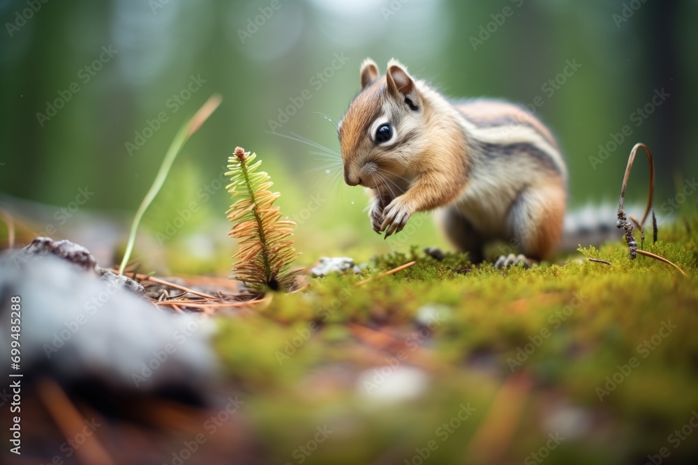 Wall mural chipmunk collecting pinecones near its hole - Wall murals