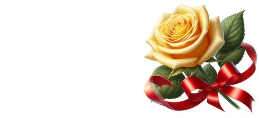 yellow rose and red  ribbon  green  leaves in white background ai generative