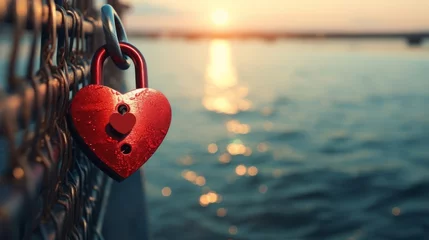 Foto auf Leinwand Romantic love lock by the sea: red heart key lock symbolizing valentine's day loyalty and love © Ashi