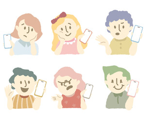 Set of the customer avatar vector with hand hold phone.Collection of the young people share their review of the  telecommunication service.Angry client hold the phone and complaint.Smartphone internet