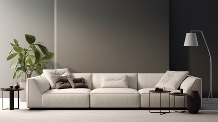 Modern Minimalist Living Room with Elegant White Sofa and Decorative Indoor Plant