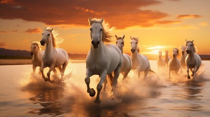 Wild White Horses Running Free on a Shimmering Beach at Sunset - obrazy, fototapety, plakaty