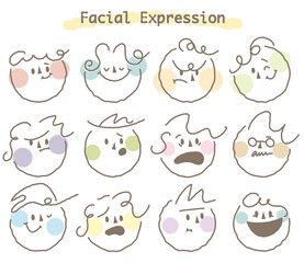 Abstract round face with variety of expression.Collection of facial emoticon with hand drawn style.Modern face emoji.Colorful circle people face.Happy,sad,angry,smile,shock.Line stylish.Cartoon,doodle