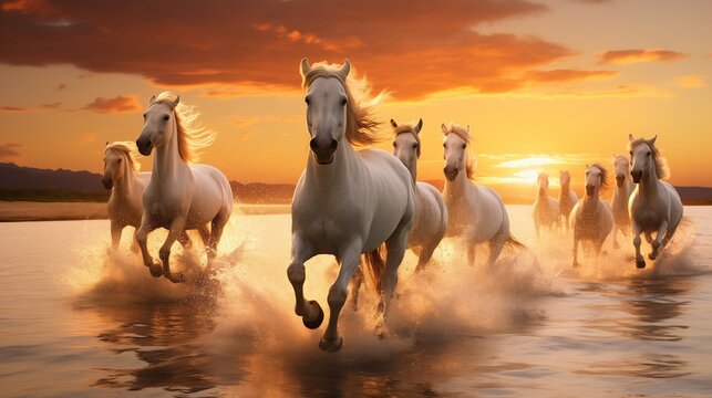 Wild White Horses Running Free on a Shimmering Beach at Sunset