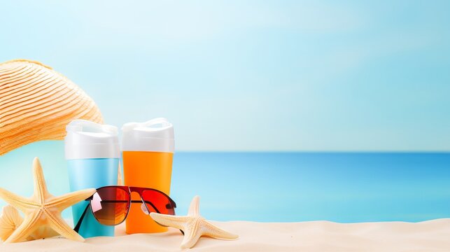 Sun protection essentials for UV safety awareness month: a pastel blue flat lay with sunscreen, sunglasses, sunhat, shells, and starfish with copy space