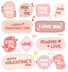 Set of Valentines day love quotes, graphic and vector clipart set cute frame.Collection of hand drawn quote dashed romantic box.Love concept sticker with love words.Retro heart bubble sweet wish.Kiss - obrazy, fototapety, plakaty