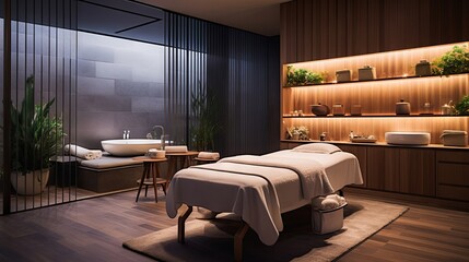 Relaxing and cozy massage room with wooden furniture, candles, and plants