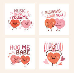 Set of cute cartoon hearts with love quote.Collection of the happy heart couple lover hug and kiss each other.Happy Valentines Day sweet date.XOXO love kiss miss valentine romantic card. Love concept
